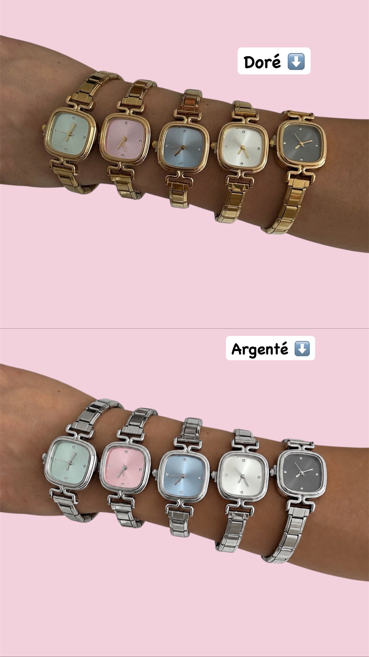 Montres pastel - Doré & Argenté / 5 couleurs différentes ( en acier inoxydable )