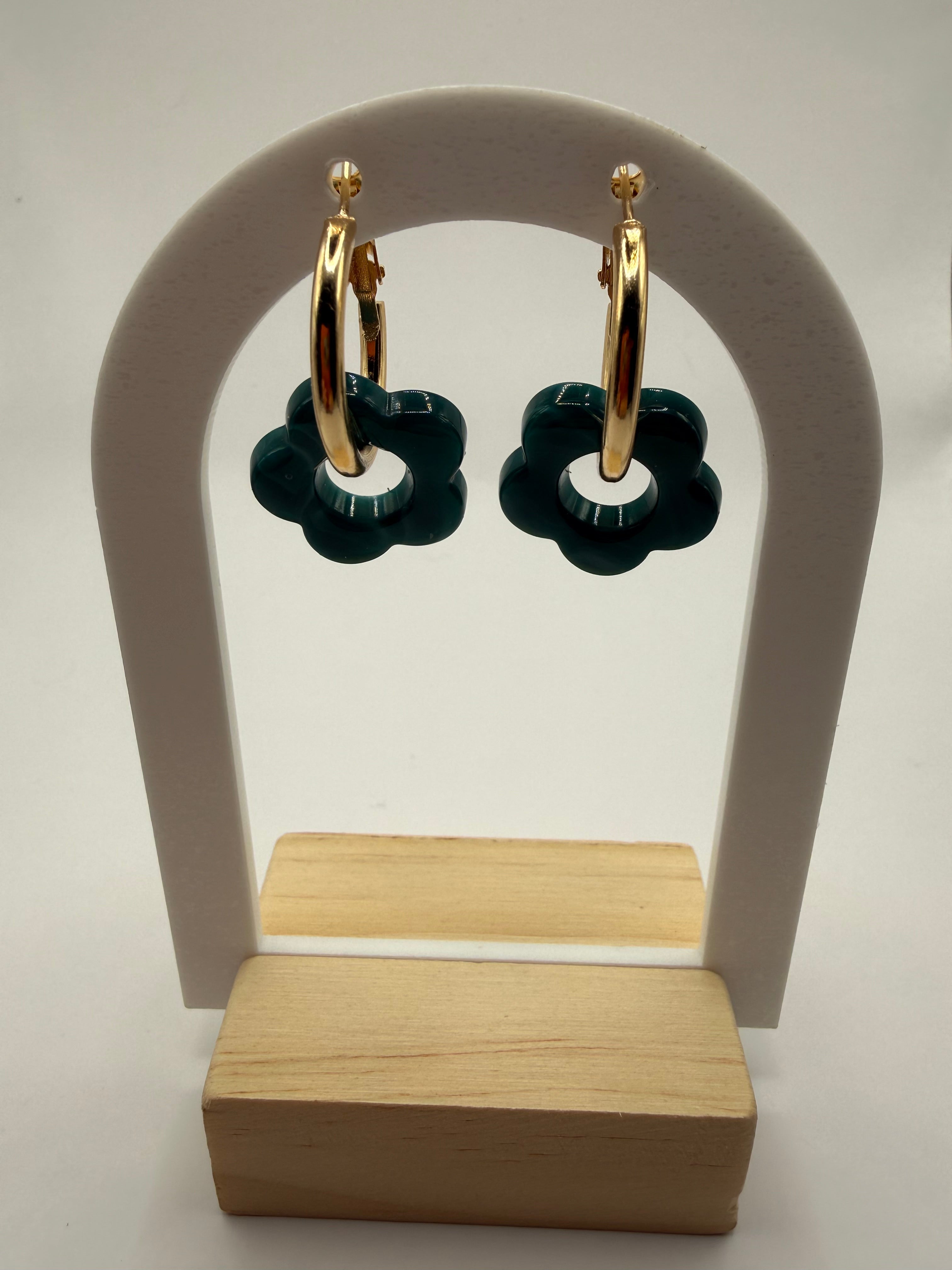 Boucle d’oreille à fleur - bleu canard